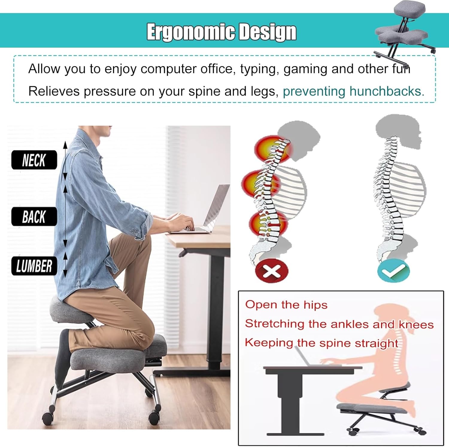 Desk Kneeling Chairs Office Kneeling Chair with Adjustable Tilt Angle, Meditation Floor Chairs for Adults Portable, Chair with Wheels for Computer Workers Yoga Lovers (Grey1 One S