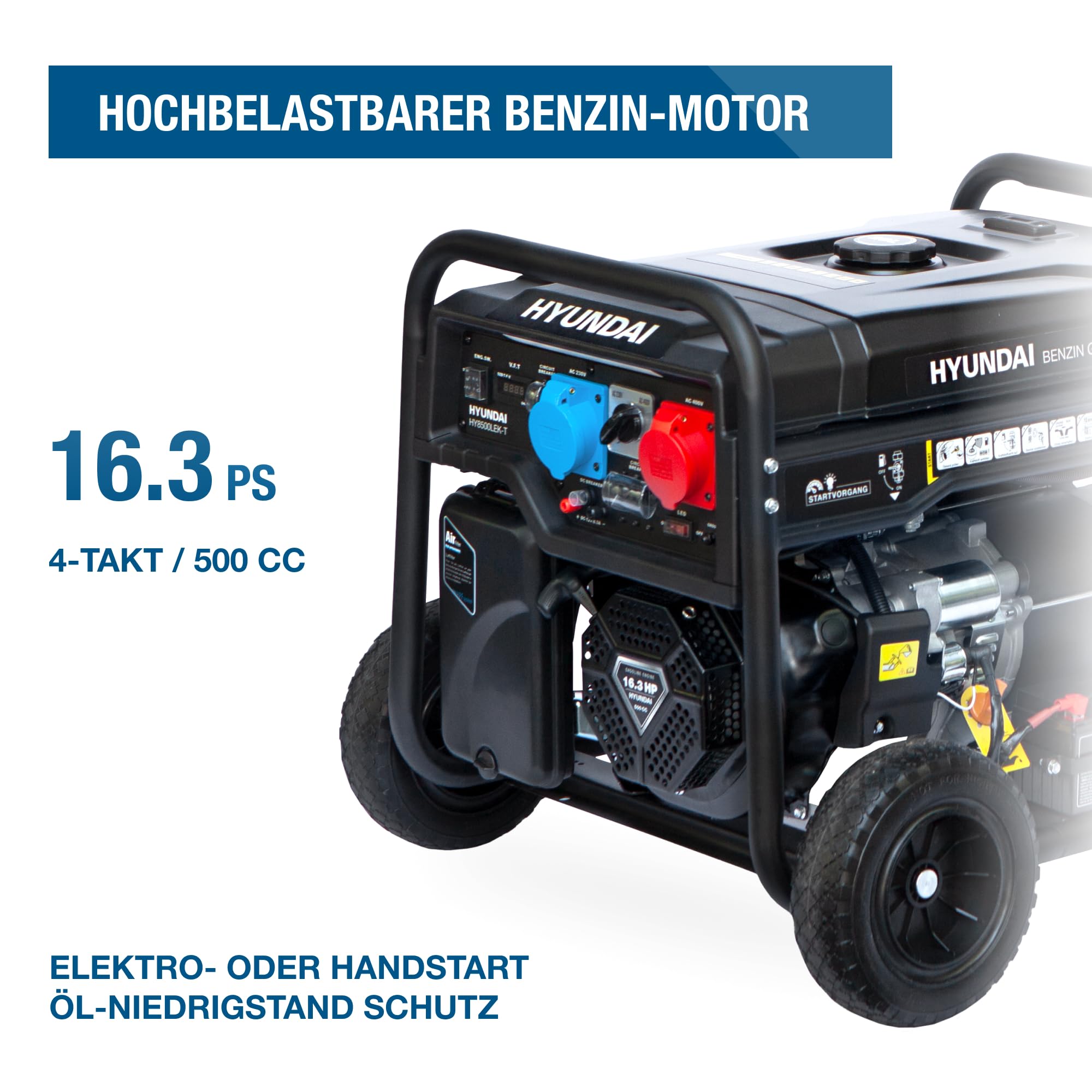 HYUNDAI Benzin Stromgenerator HY8500LEK-T, Stromerzeuger mit 230V & 400V, max. Leistung 10.3kVA, 16.3PS Motor, E-Start, Generator für Baustelle, Notstromaggregat