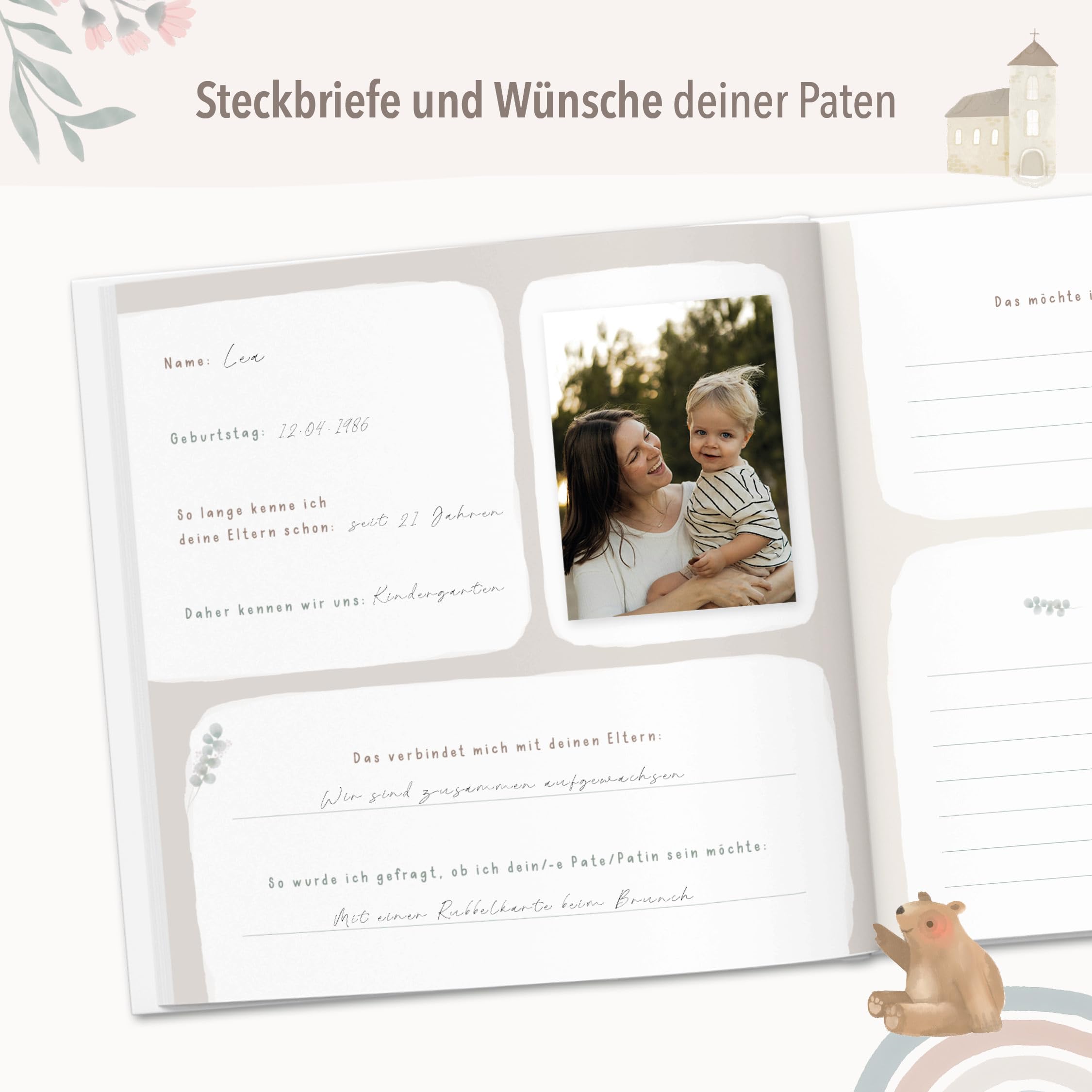 mintkind® Taufbuch Baby Meine Taufe Ausfüllbuch und Gästebuch zur Taufe salbeigrünes Pattern Design mit Platz für Fotos Wünsche und Erinnerungen 60 Seiten Hardcover Erinnerungsalbum für Kinder
