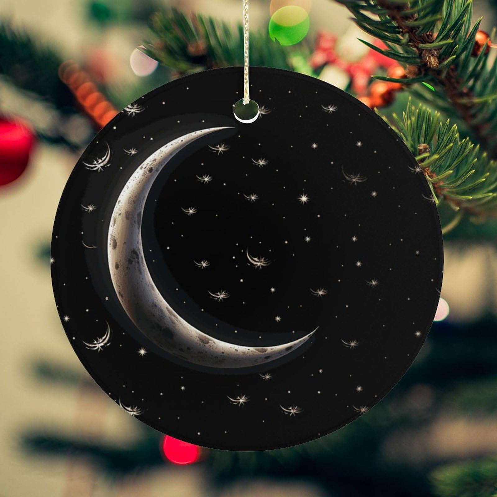 Crescent Moon on Black Background Christmas Ornament for Christmas Tree Ceramic Round Ornament Winter Holiday Keepsake Gift 2.7" Christmas Tree Hanging Decorations Circle Ceramic Pendant Xmas Gift