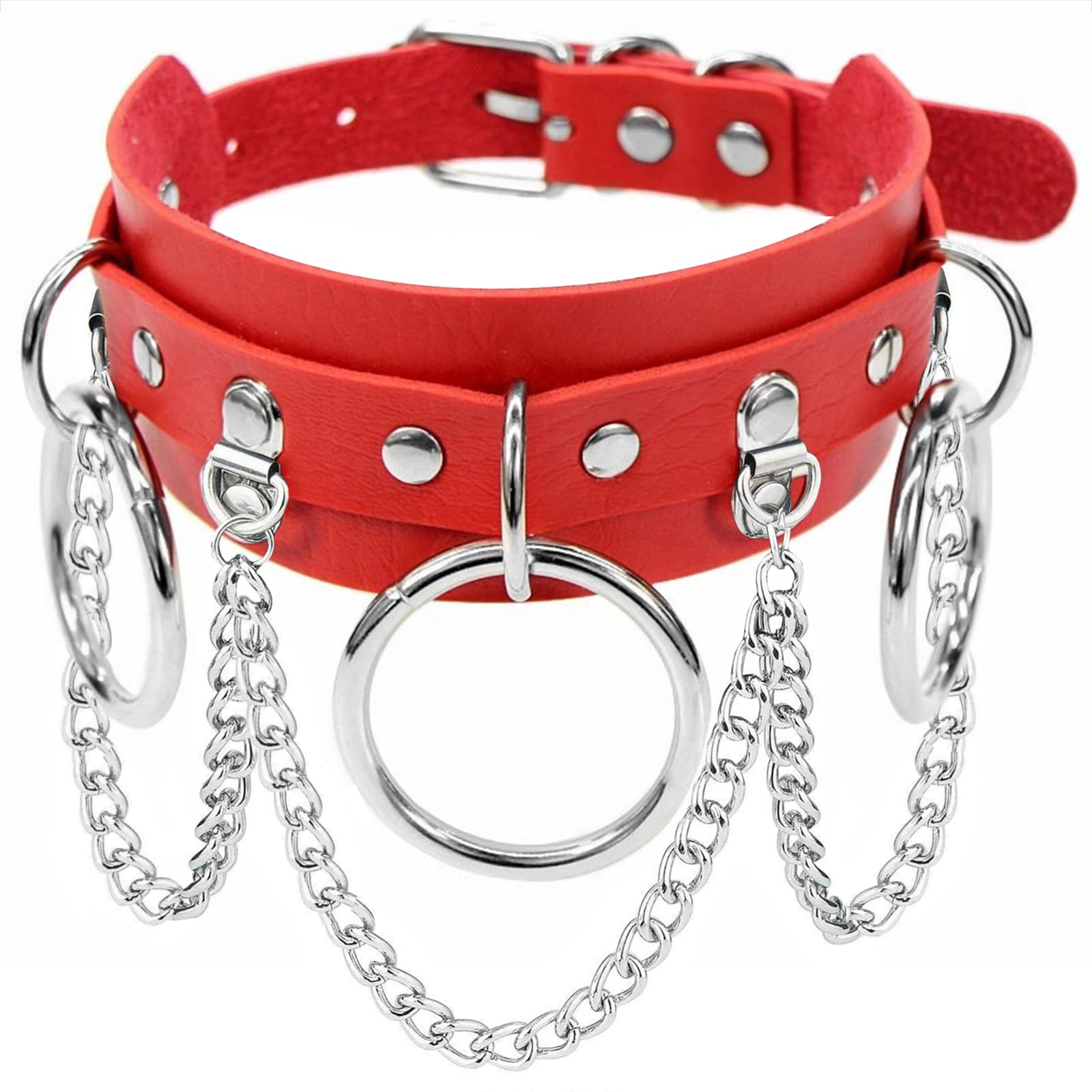 DTWAWA PU Leather Gothic Choker Collar Chain Belt, Adjustable Punk Rock Necklace for Girlfriends Daughter - Red
