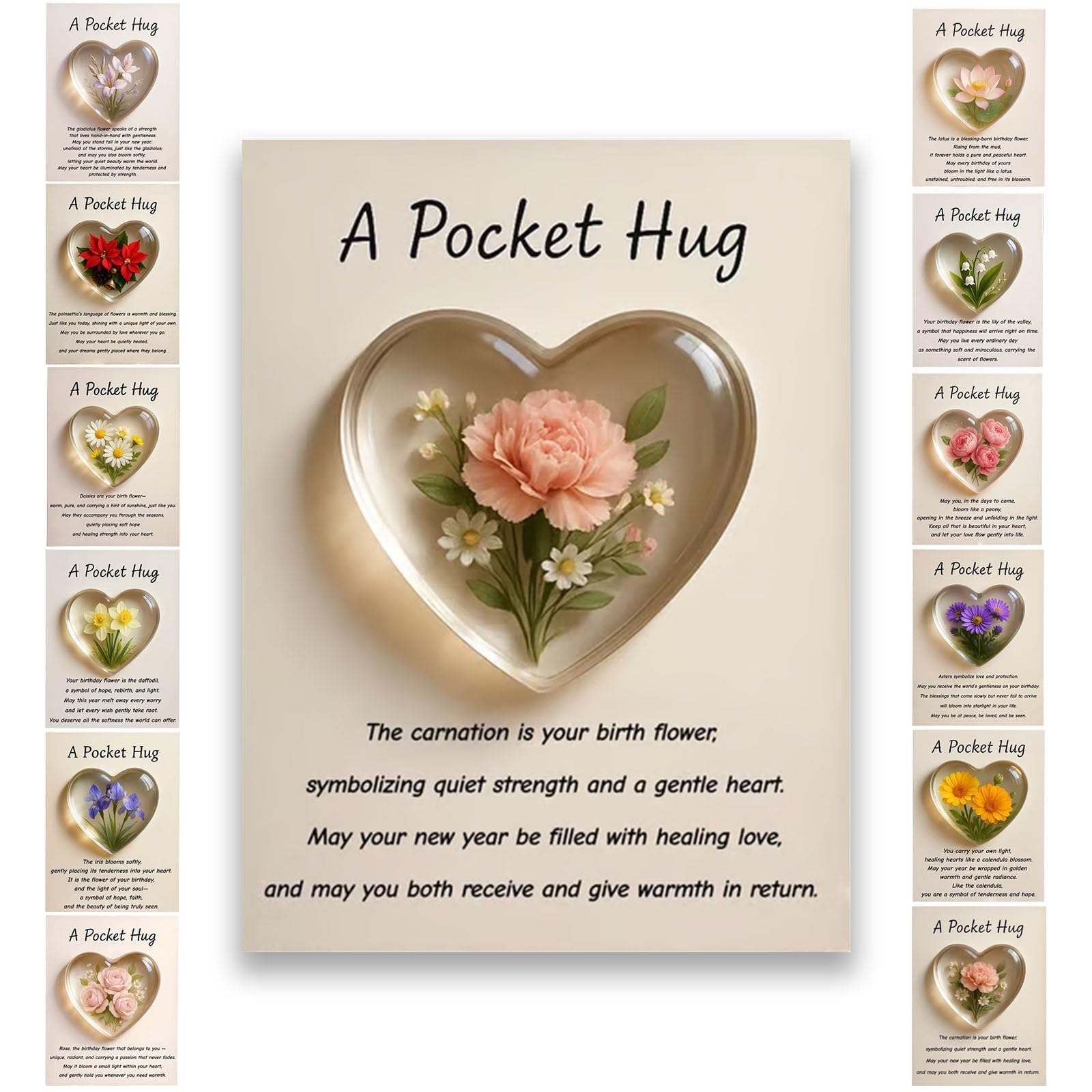 Birth Flower Pocket Hug Gift–Personalized Monthly Flower Token,Heart-Shaped Mini Keepsake for Encouragement Anxiety Relief & Emotional Support, Birthday Gifts for Women,Friends,Family,Lover (Jan.)