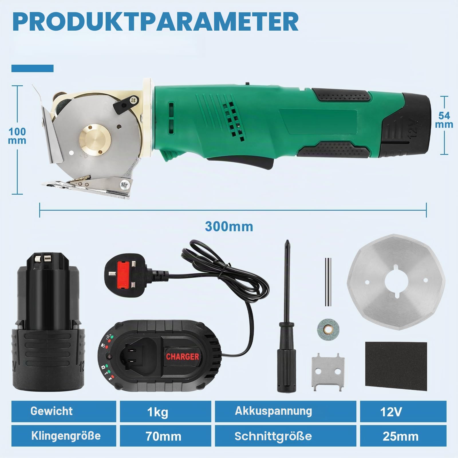 MXBAOHENG Elektrischer Stoffschneider 12V DC-70 Elektrischer Industrieller Stoffschneider Akku-Rundschere zum Schneiden von Stoff Teppich Leder (eine AKKU & 2 * 70 mm Klinge Grün)