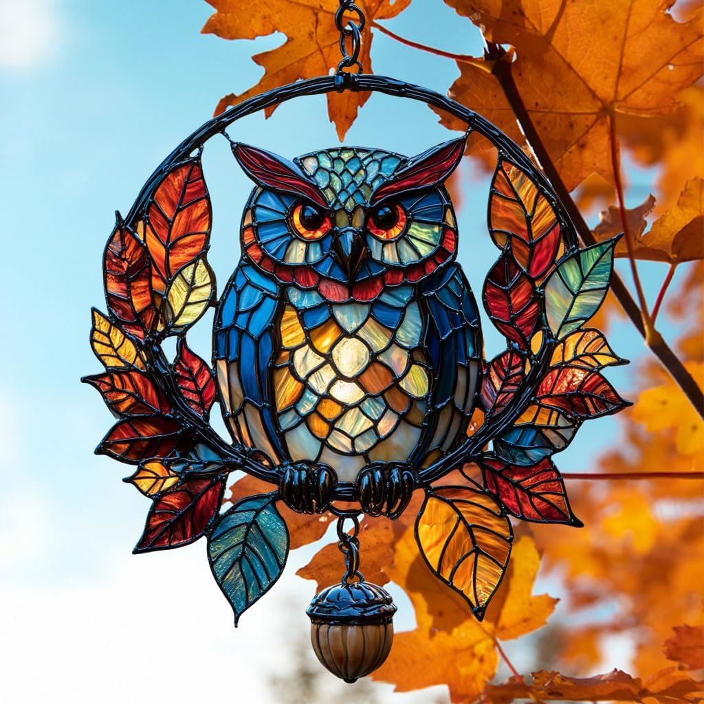 Autumn Bunny Pumpkin Maple Acrylic Suncatcher Stained Glass Effect Window Car Hanging Christmas Ornament Indoor Outdoor Decor Garden Sun Catcher Panel for Thanksgiving Lover for Women Mom Grandma