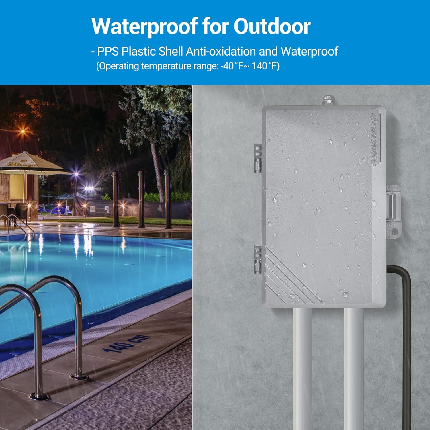 DEWENWILS Pool Pump Timer with water droplets on its surface, indicating waterproof design