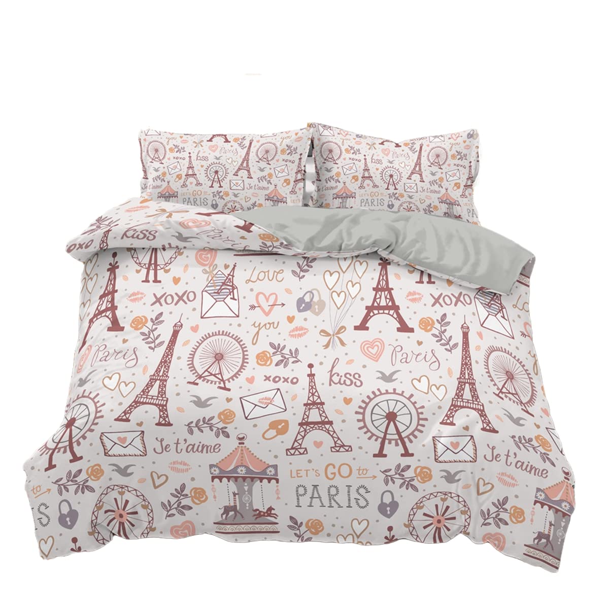 Funda Nordica Cama 90/105/135/150 Juveniles Chico La Torre Eiffel Bicicleta Corazón Microfibra Cremallera Juego De Cama Funda De Edredón Ropa De Cama 3 Piezas (Rosado,Cama 105 (200 x 200 cm))