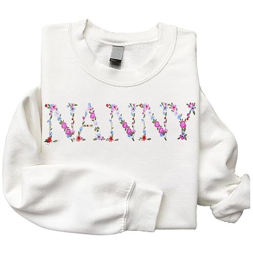 Regamor Embroidery Nanny Sweatshirts For Women Gift Sweatshirt From Grandkids Nanny Flower Grandma Gift Mothers Christmas 14 White