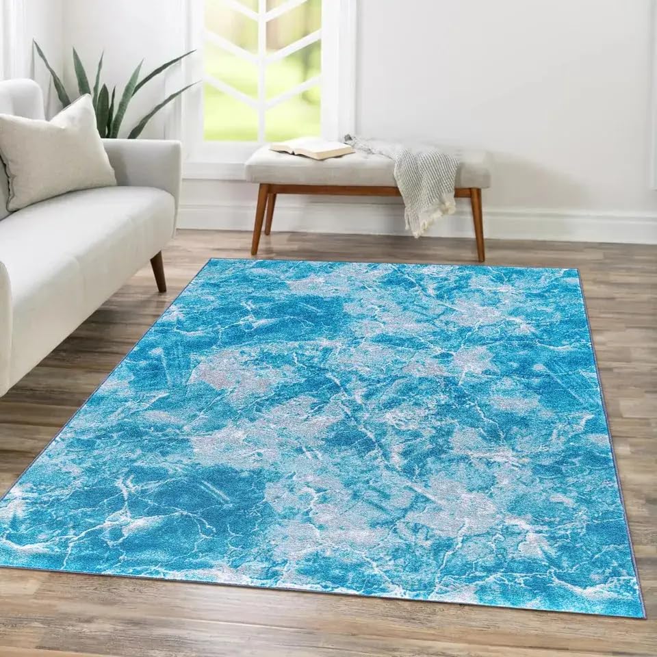 Stylish Home London Rugs Living Room - Marble Area Rugs for Bedroom Anti Slip - Modern Super Soft Thick Pile Rug Non Shedding (Blue, 120 x 170 cm)