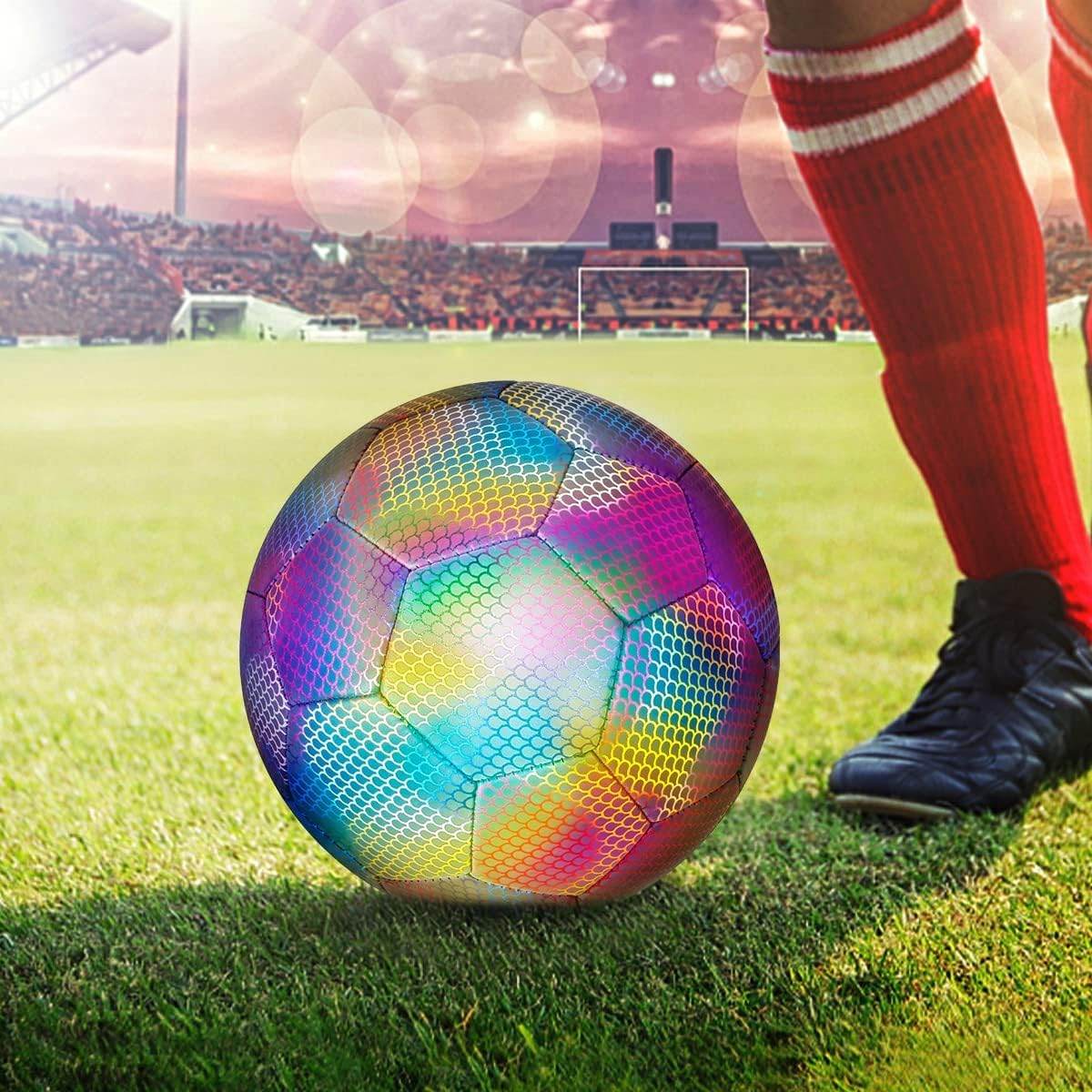 Pallone da Calcio Riflettente Misura 4 Pallone da Calcio Riflettente incandescente olografico Illumina Il Pallone da Calcio Luminoso Riflettente per l'allenamento Notturno（Colore）