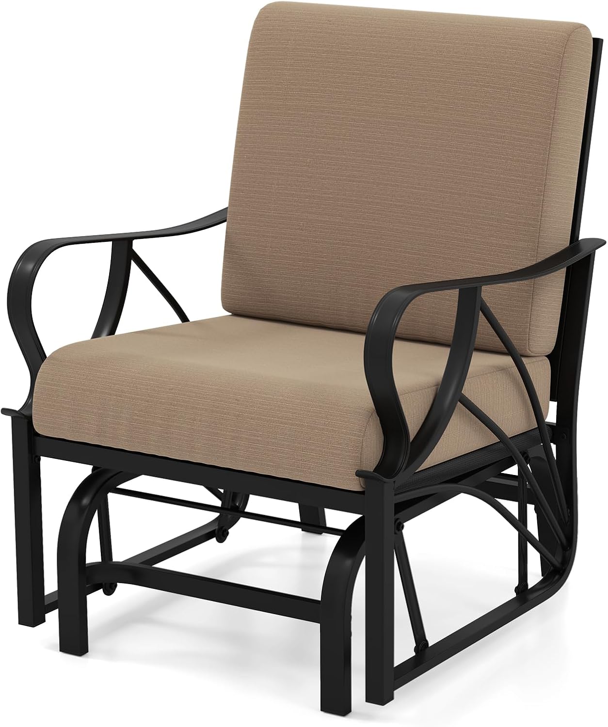 HAPPYGRILL Patio Rocking Glider Chair, Outdoor Rocking Chair with Seat & Back Cushions, Gentle Gliding Motion & Heavy-Duty Metal Frame, Glider Rocker Chair for Porch, Garden, Yard, Lawn (Tan,1)