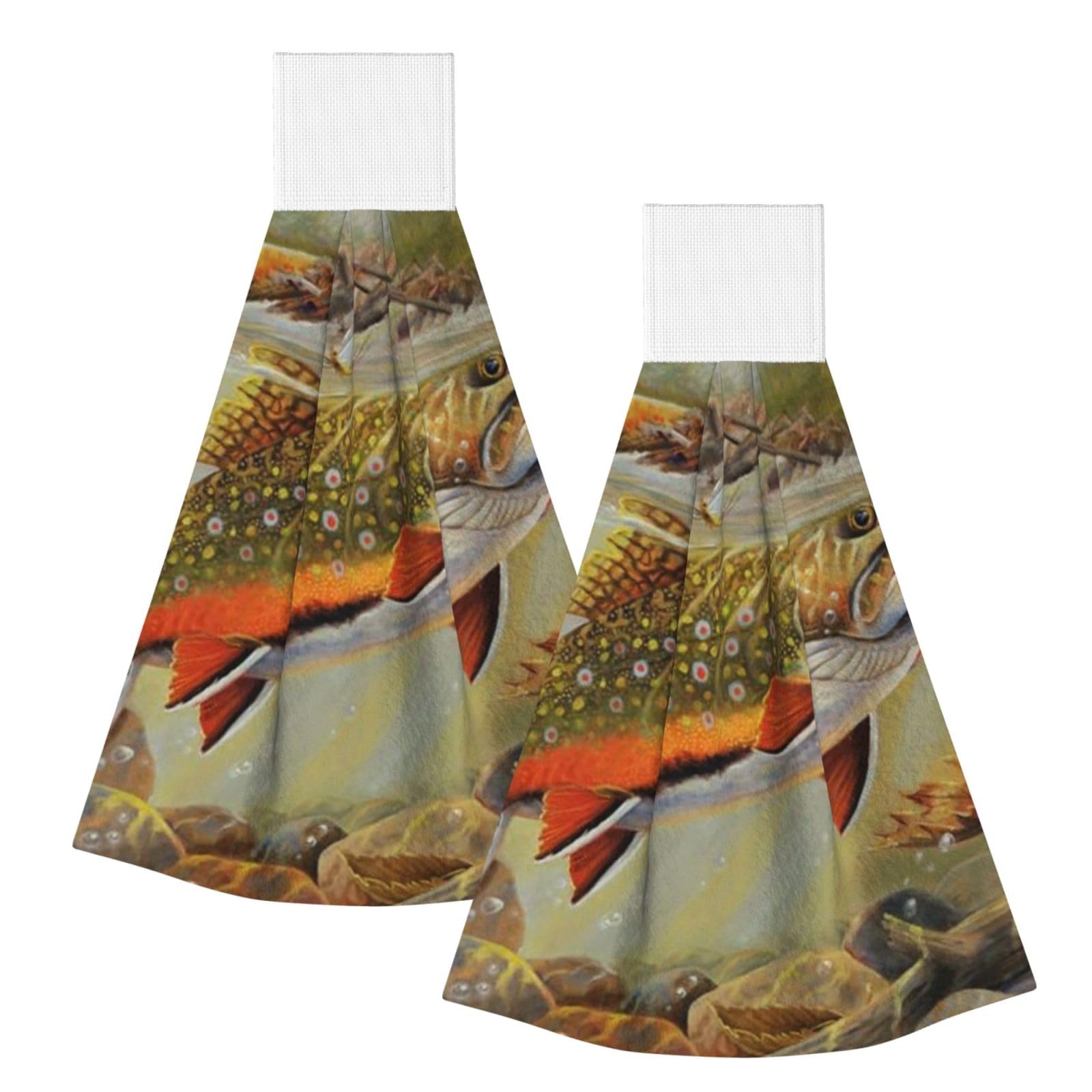 DOPKLNA Trout Fly Fishing, 2 Pcs Hanging Coral Fiber Hand Towels for Bathroom, Absorbent Kitchen Towels