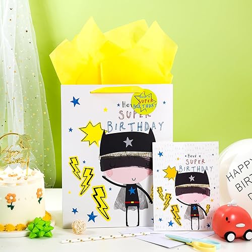 Miniatura 4 de LeZakaa Bolsa de regalo de cumpleaños de 13 pulgadas, bolsa de regalo blanca mediana con papel de seda, etiqueta de regalo y tarjeta, diseño de niño