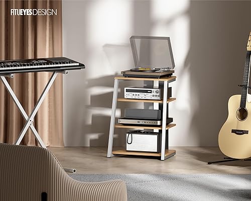 Miniatura 16 de FITUEYES Design - Estante esquinero de 4 niveles para reproductor de discos estéreo de madera, estante de audio con estantes de madera ajustables en