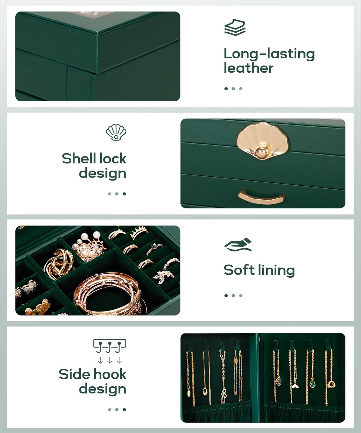 Enthralite Jewelry Box with 4 Drawers: Display Organizer for Earrings Necklaces - Gifts for Girls Women (Forest Green)