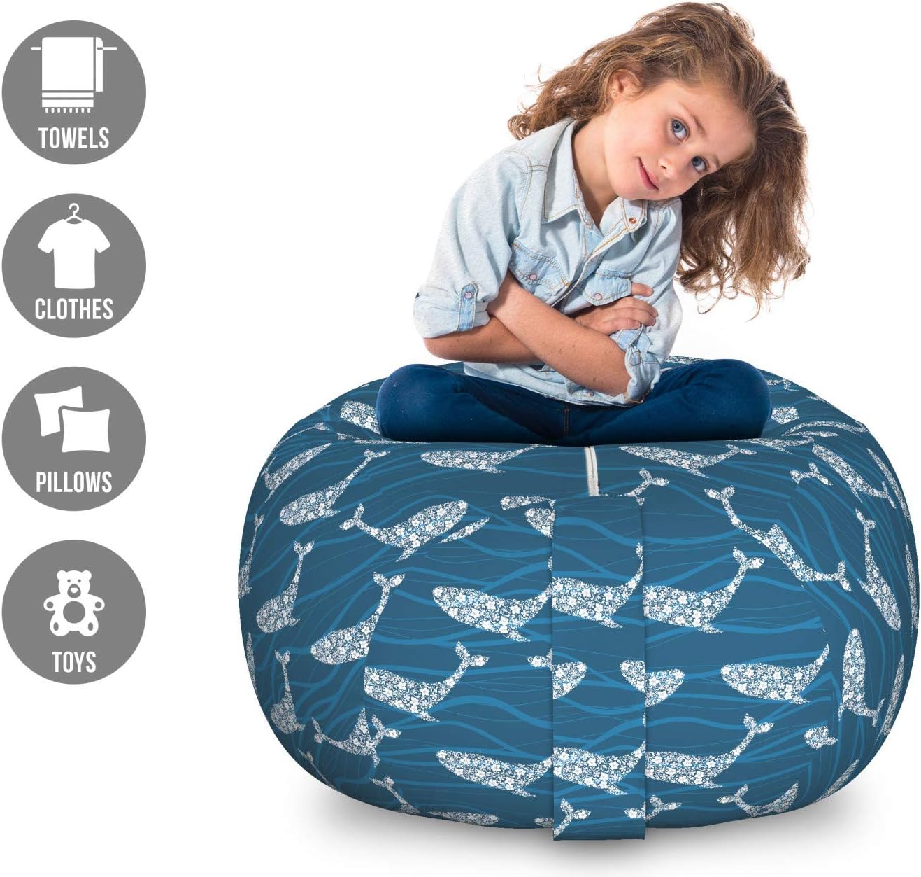 Ambesonne Fish Storage Toy Bag Chair, Ocean Whales in Flowering Details Deep Sea Aquatic Animals Marine Repetition, Stuffed Animal Organizer Washable Bag, Large Size, Night Blue and White