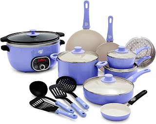 Soft Grip 16 Piece Healthy Ceramic Nonstick Cookware Set Pots and Pans Set, 6-Quart Slow Cooker, PFAS & PFOA-Free, Dishwasher Safe, Oven Safe, Versatile Kitchen Essentials, Periwinkle
