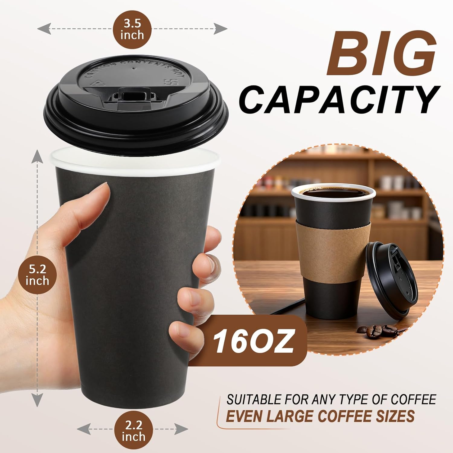 120 Pack 16 oz Paper Coffee Cups Set, Disposable Black Coffee Cups with Lids, Sleeves and Stirring Sticks, Fit For Cold and Hot Drinks - Image 2