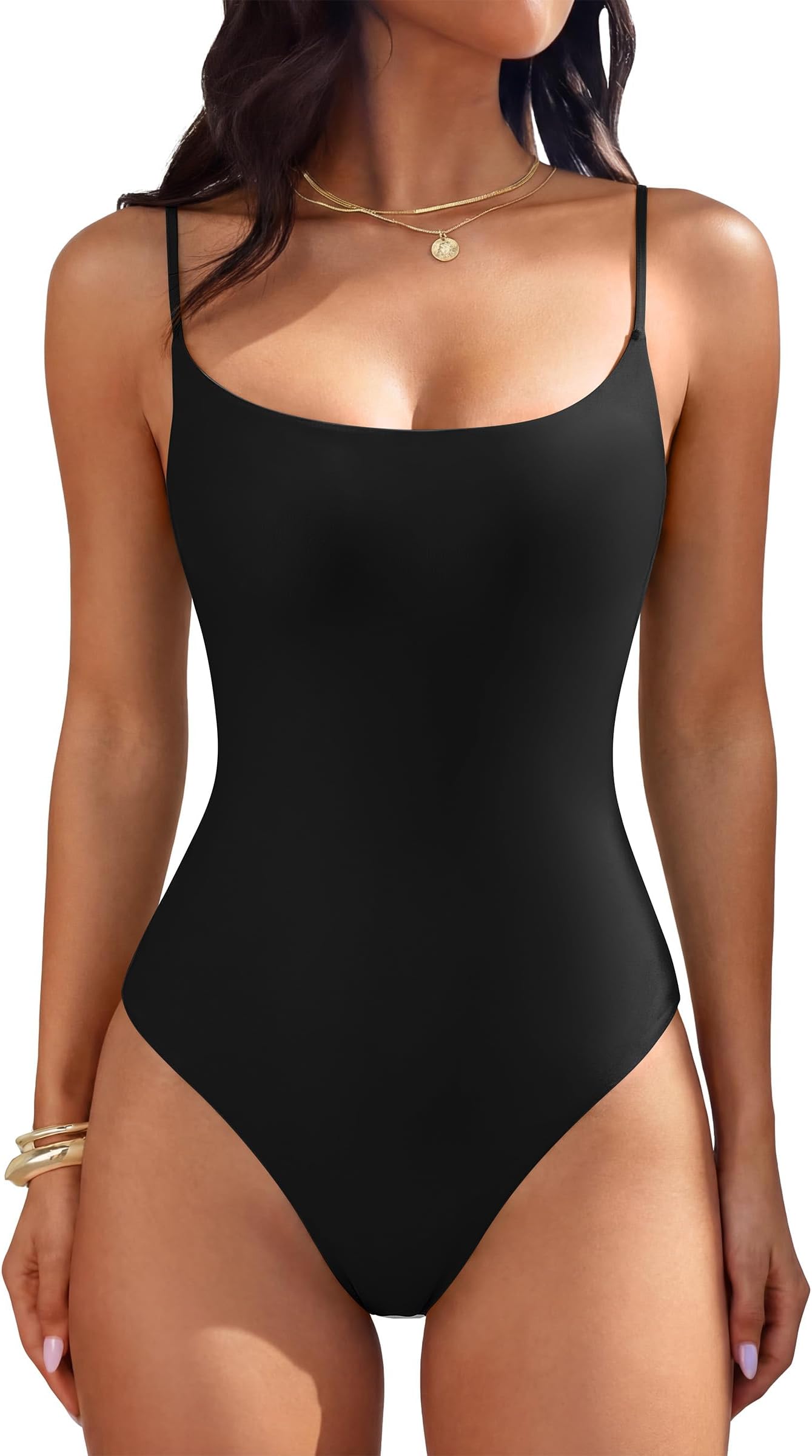 Women’s Bodysuits, Square Neck Backless Spaghetti Straps, Ultra Soft Double Lined Layering Top for Daily Work Travel