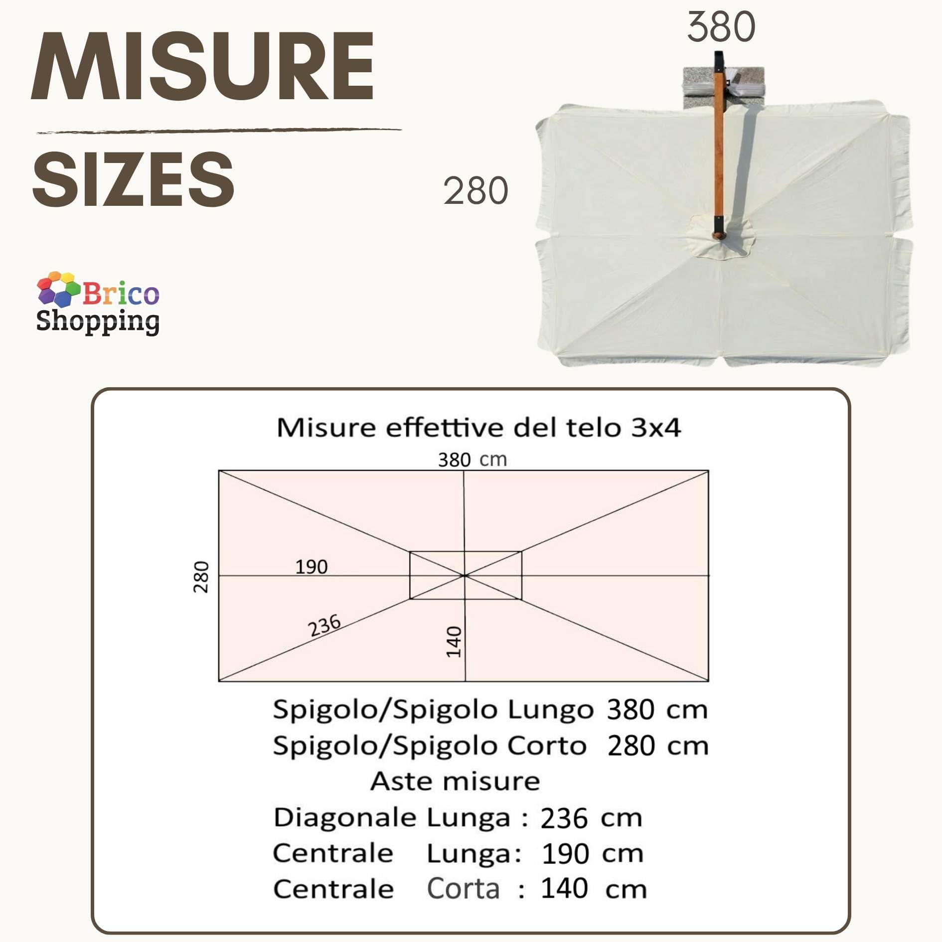 BricoShopping® Telo Ricambio Ombrellone Decentrato 3x4 m Impermeabile 250 gr/mq con Airvent, Copertura 280x380 cm con Tasche per Ombrellone a Braccio 8 Stecche in Legno