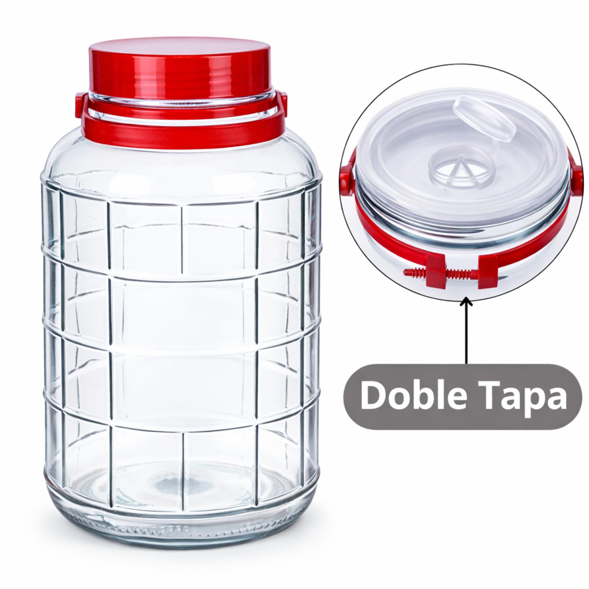 Bote de Cristal Grande con Asa de 5 Litros y Doble Tapa - Garrafa de Vidrio de 5 Litros con Asa - Perfecto para Alimentos Humedos y Secos, Encurtidos, Artículos - Bidón de Vidrio Resistente (1)