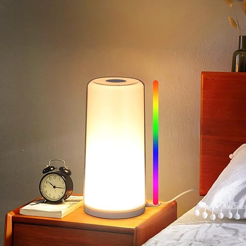 Lámpara de mesa - Lámpara de noche con sensor táctil lámpara de mesita de noche luz nocturna para niños con RGB múltiples colores y blanco cálido