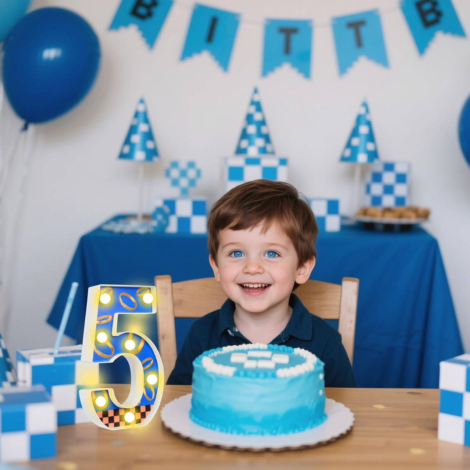 LED Numbers Night Light(5)– Light Up Number Sign for Kids Birthday Party,Marquee Numbers with Warm White Glow,Battery Operated Blue & Gold Digits for Sonic Theme,8.66 x 5.91 in