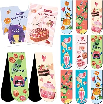 WorldBazaar 36 Pack Valentines Day Magnetic Bookmarks for Kids with Cards Valentine Monster Dessert Bookmarks School Classroom Exchange Gift for School Classroom Party Favors