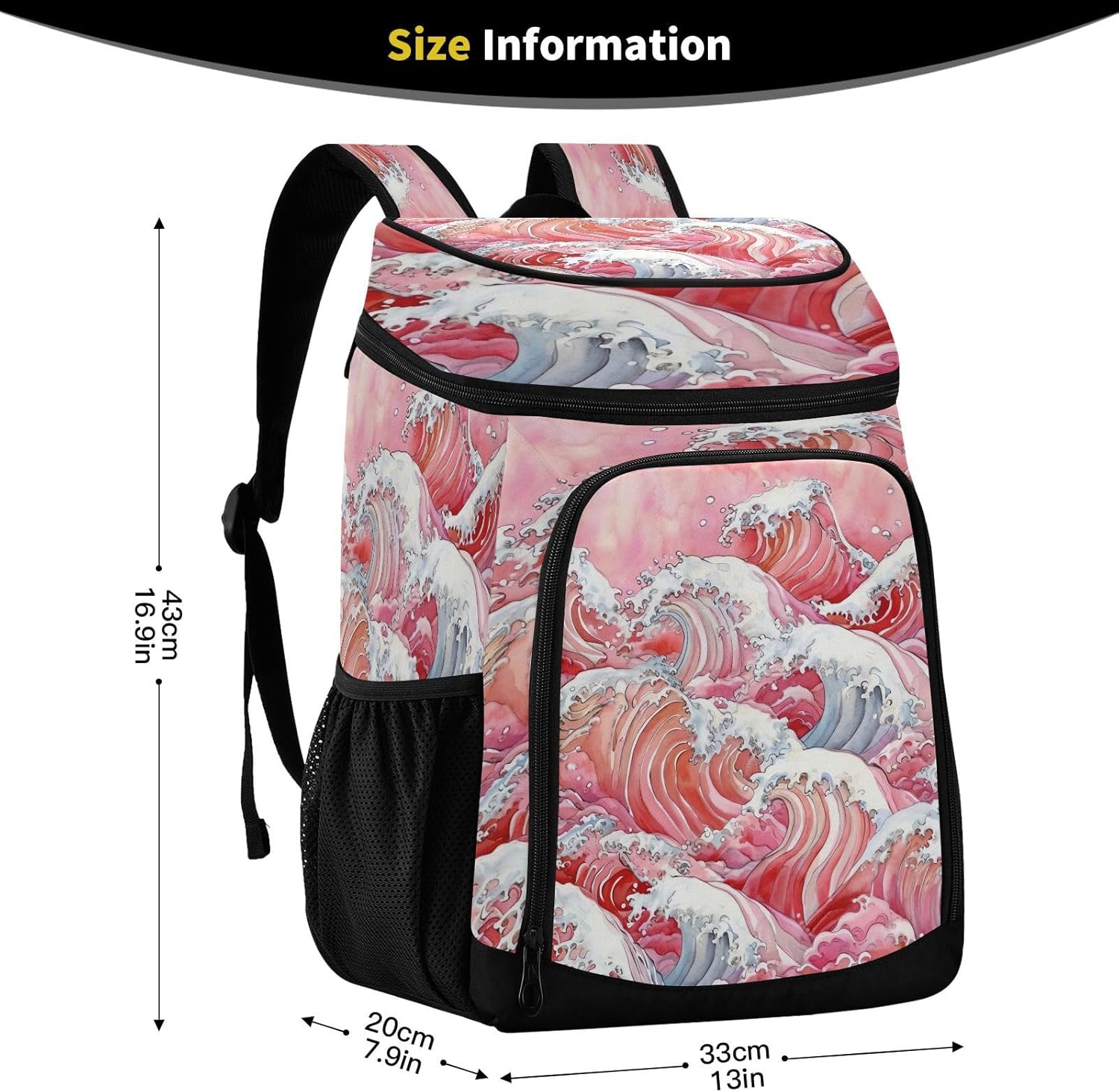 Red Wave Cooler Backpack 36 Cans Leakproof Waterproof Backpack Cooler Bag Beach Accessories Travel Camping Fishing Backpack for Women Men