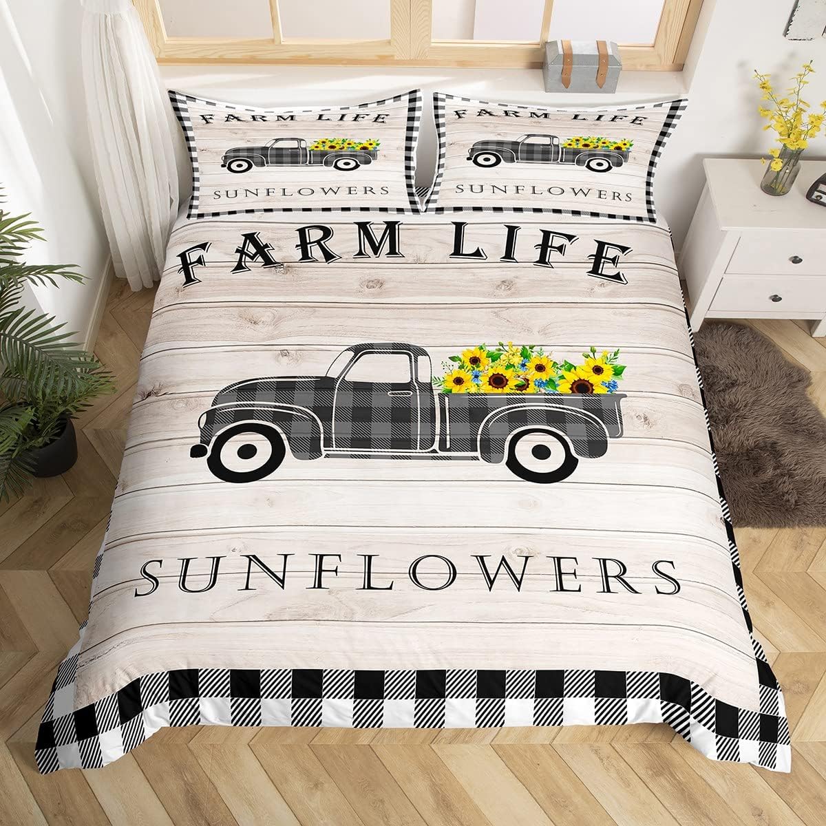 Farmhouse Truck Duvet Cover Queen,Rustic Sunflower Comforter Cover For Kids Adults,Black White Buffalo Plaid Bedding Set Vintage Wooden Barn Door Quilt Cover 2 Pillow Cases Spring Farm Room Decor