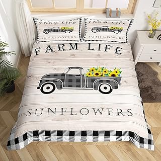 Farmhouse Truck Duvet Cover King,Rustic Sunflower Comforter Cover For Kids Adults,Black White Buffalo Plaid Bedding Set Vintage Wooden Barn Door Quilt Cover 2 Pillow Cases Spring Farm Room Decor