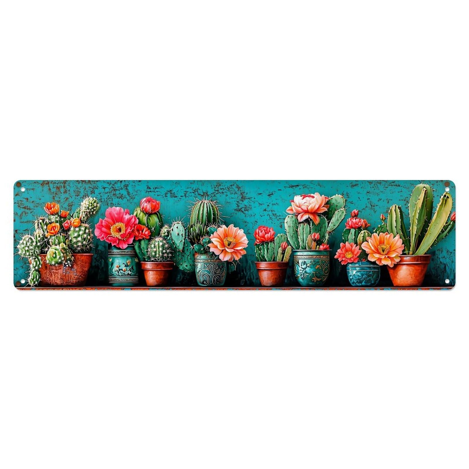 Colorful Cacti And Flowers Pattern Metal Tin Sign Plaque