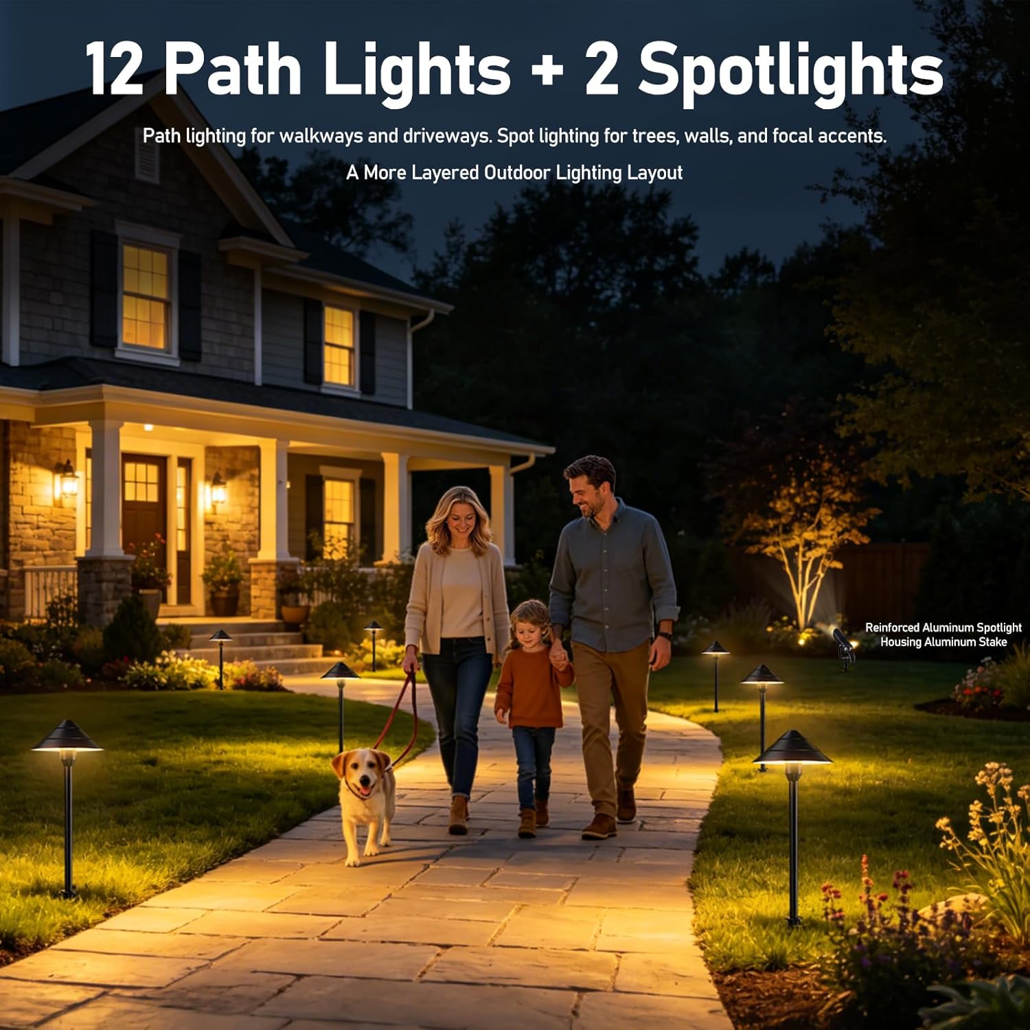 14-Light Low Voltage Landscape Lighting System, 12 Path Lights Kit+2 Spotlights, Aluminum, Plug-and-Play, IP65 Waterproof, Remote, Timer, 3000K Warm White, 140FT,72W 24V ETL Controller