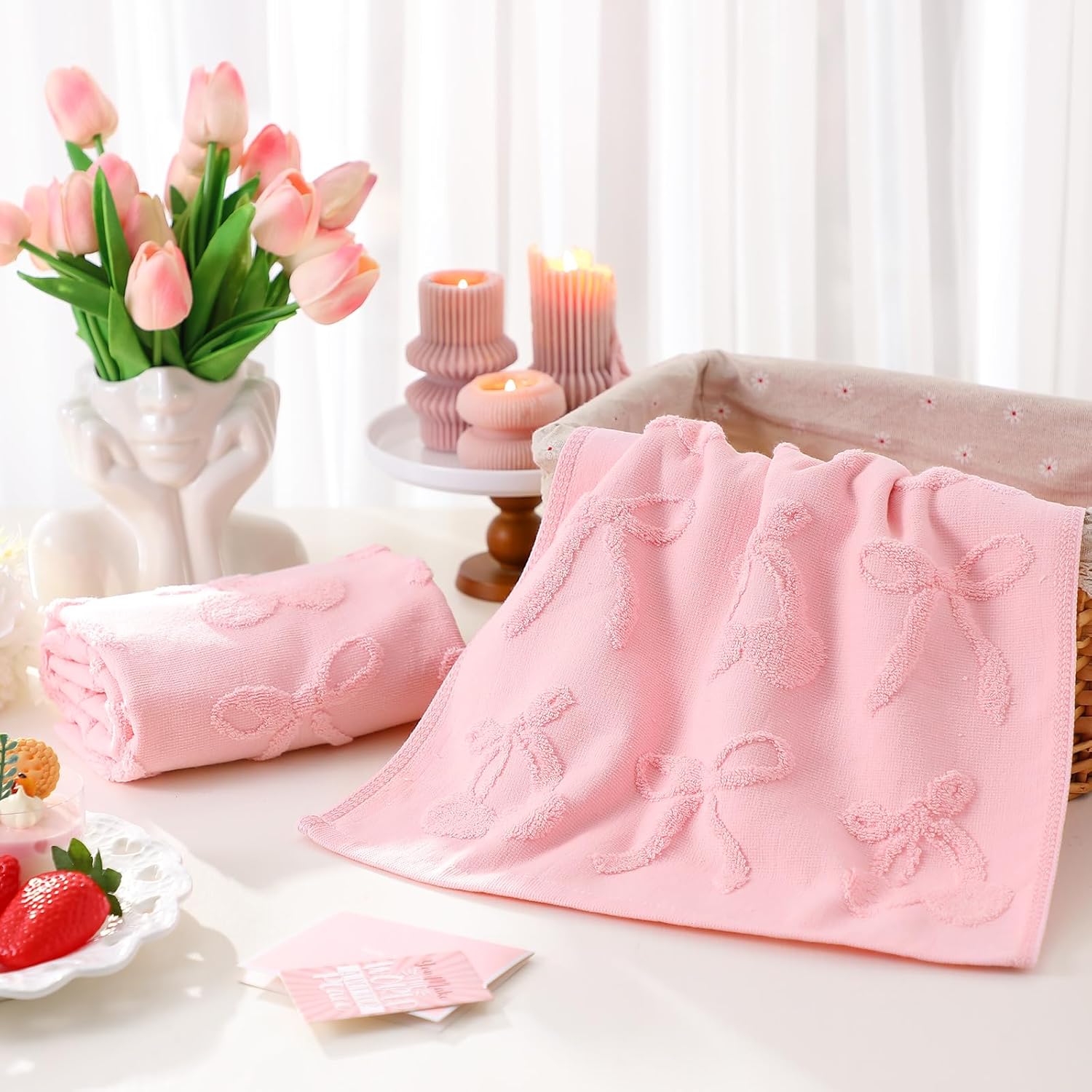 2 Pcs Pink Cherry Bow Hand Towels for Bathroom Cute Pink 100% Cotton Absorbent Decorative Jacquard Weave Bath Towels Coquette Bathroom Kitchen Decor, 13. 7 x 29. 5 Inch - Image 3