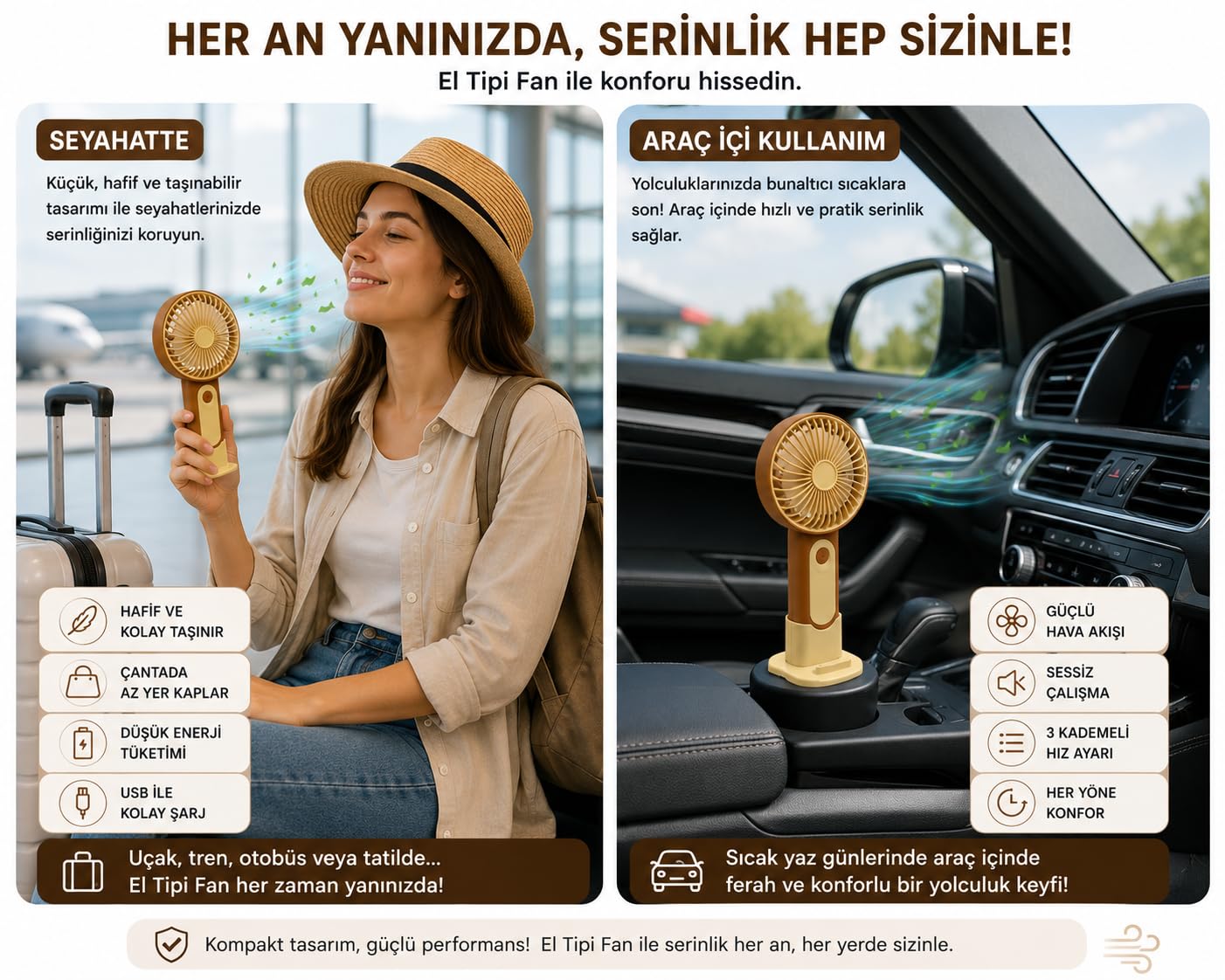 Mini El Fanı USB Şarjlı Type-C Bağlantılı 3 Kademeli Taşınabilir Elektrikli Fan Masaüstü ve El Tipi Kullanım Kahverengi Renk Serinletici Fan