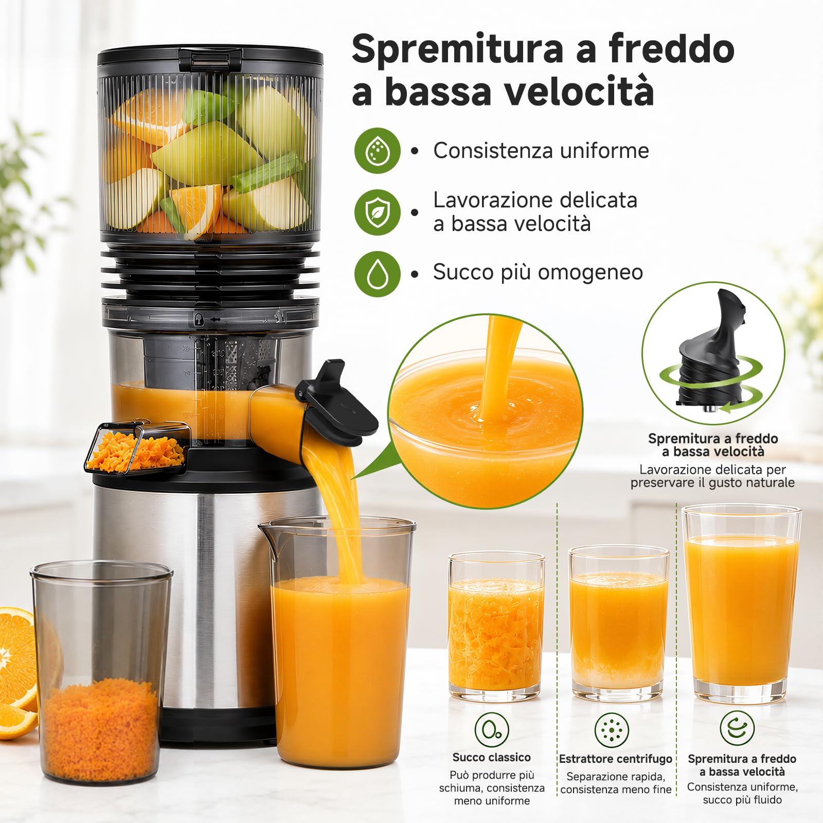 AMZCHEF Estrattore Frutta e Verdura, Frutta Intera Senza Taglio con Bocca XXL da 158 mm, Facile da Pulire, Alta Resa del Succo, Estrattore a Freddo Silenzioso 45 dB, Ideale per Colazione e Famiglia