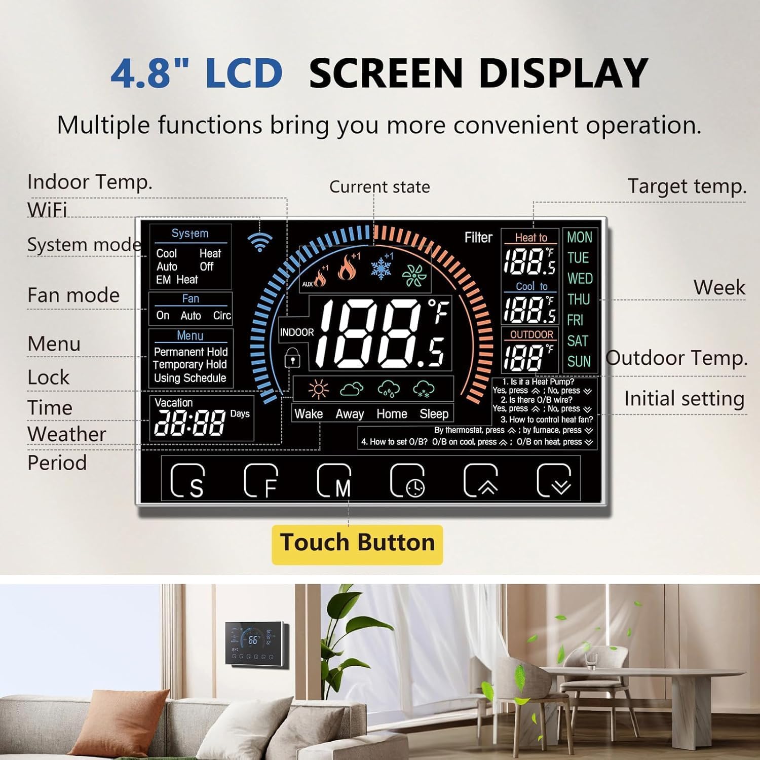 BSEED Smart Thermostat 4.8 inch LCD Screen Display with Touch Buttons
