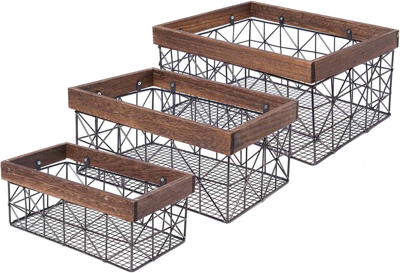 American Art Decor Contemporary Black and Walnut Metal and Wood Storage Basket Set of 3, Rectangular Decorative Organizer Bin for Laundry, Clothes, Blankets, Toys