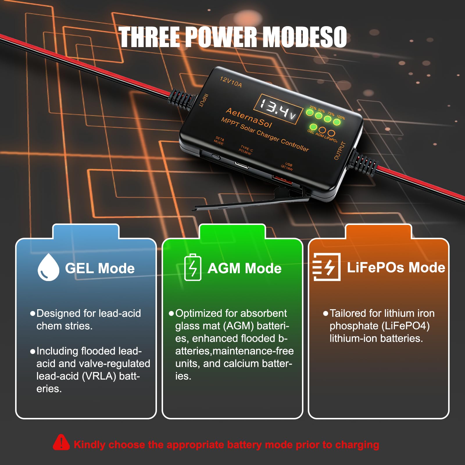 AeternaSol MPPT Solar Charge Controller 12V 10A Solar Panel with LCD Display Charge Controller for Gel AGM Lithium LiFePO4 Batteries Charge Controllers Compatible with Type-c and USB（12v/10A） - 3