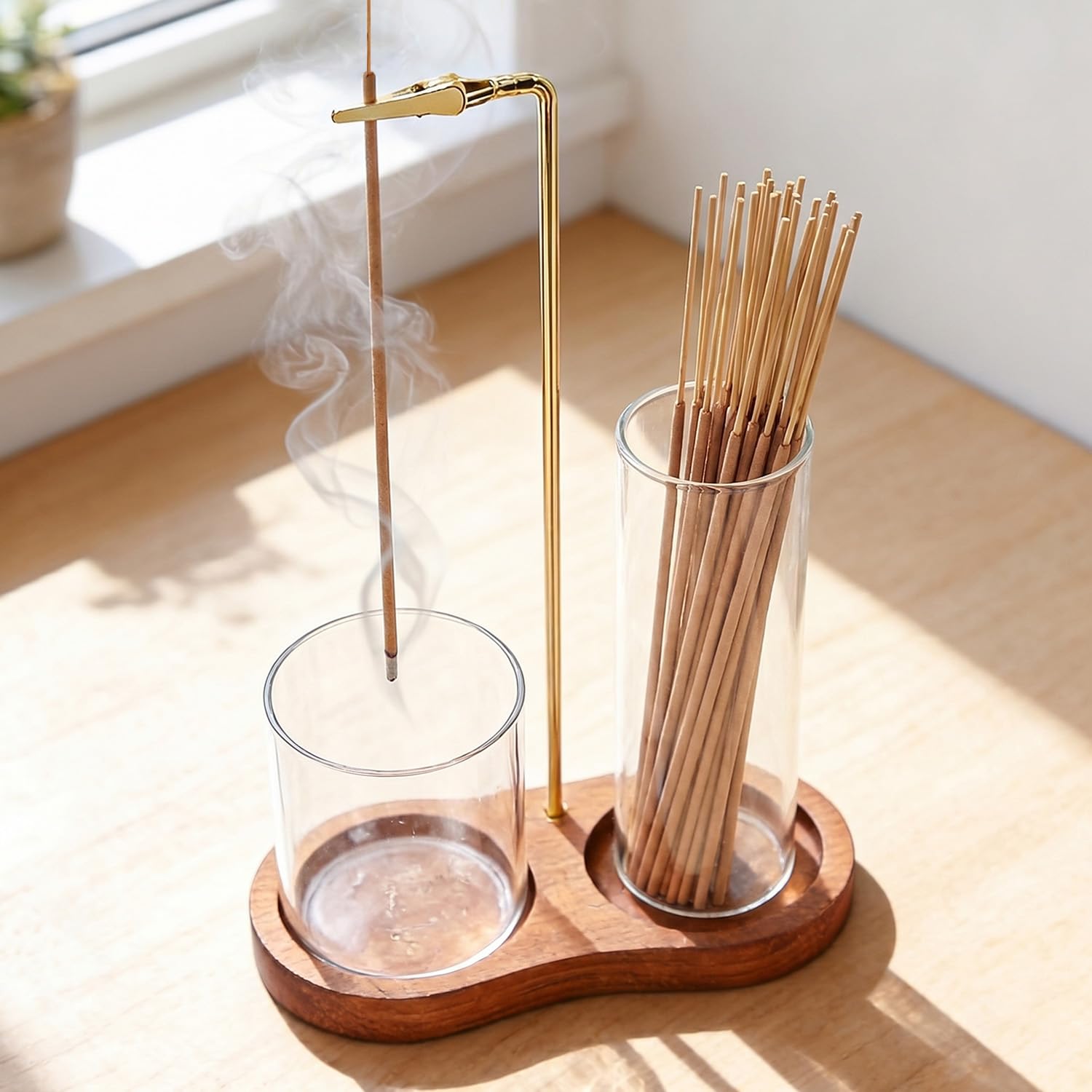 FUHSY 2 in 1 Incense Holder, Wooden Incense Holder for Sticks with Removable Glass Ash Catcher, Upside Down Incense Burner with 20 Incense Sticks & Brush for Yoga Spa Meditation Room Decor