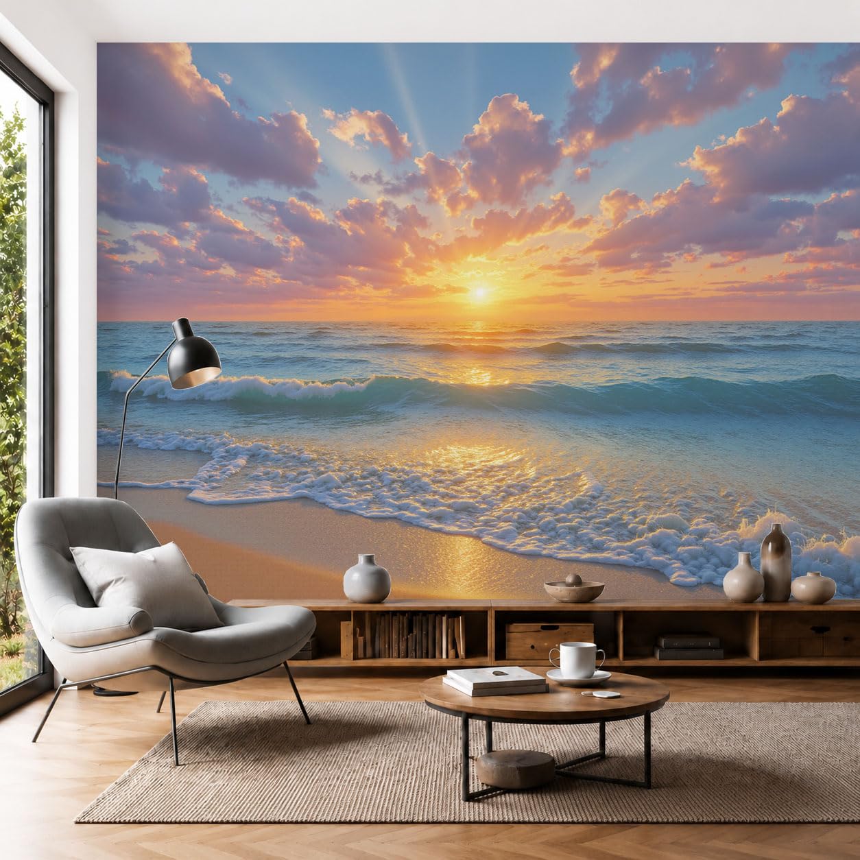 Papier peint panoramique coucher de soleil plage 350x256cm en soie pour salon