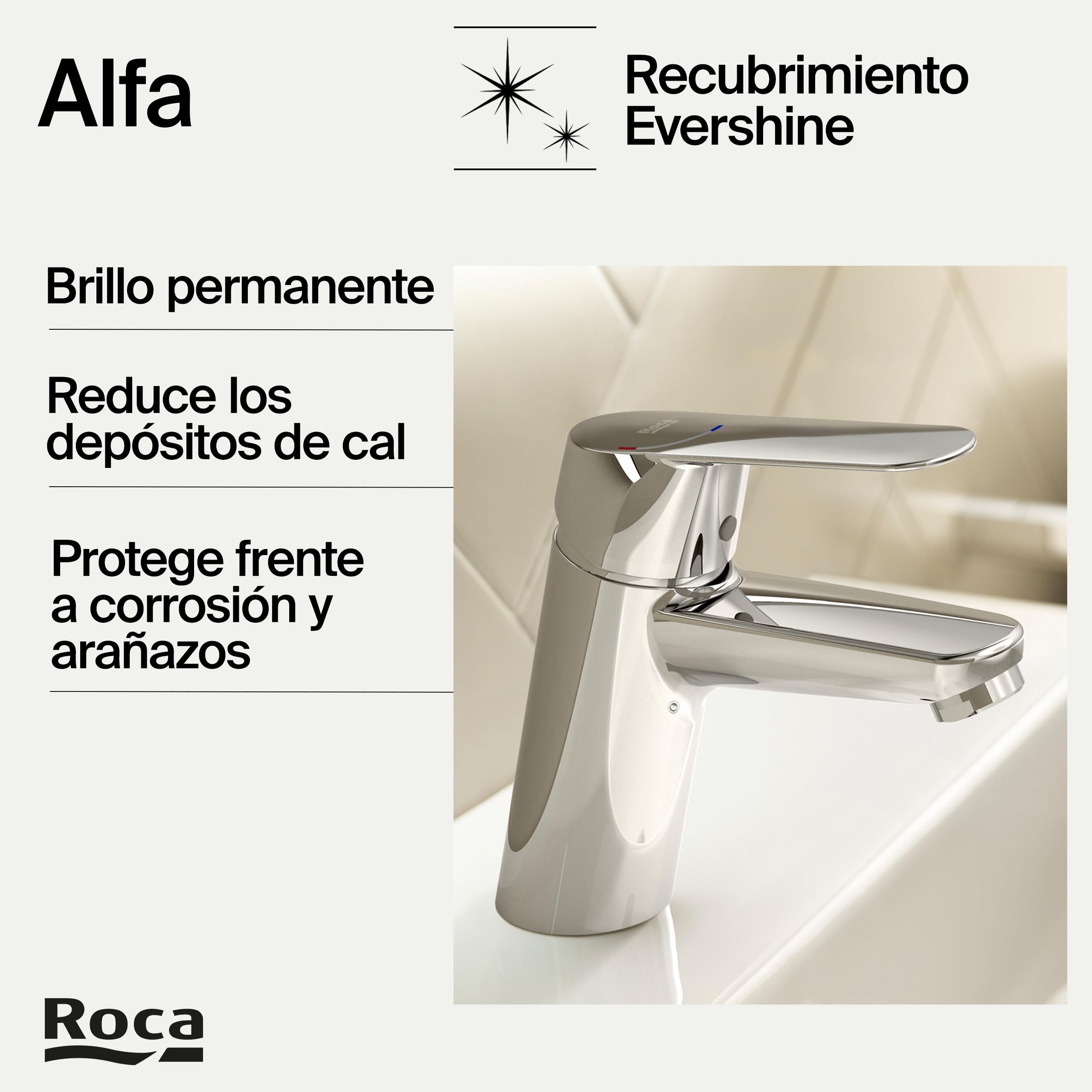 Roca Alfa Grifería para lavabo con tecnología Cold Start, grifo monomando de repisa con enlaces de alimentación flexibles, mezclador para cuarto de baño de fácil instalación, cromado, A5A3L25C00