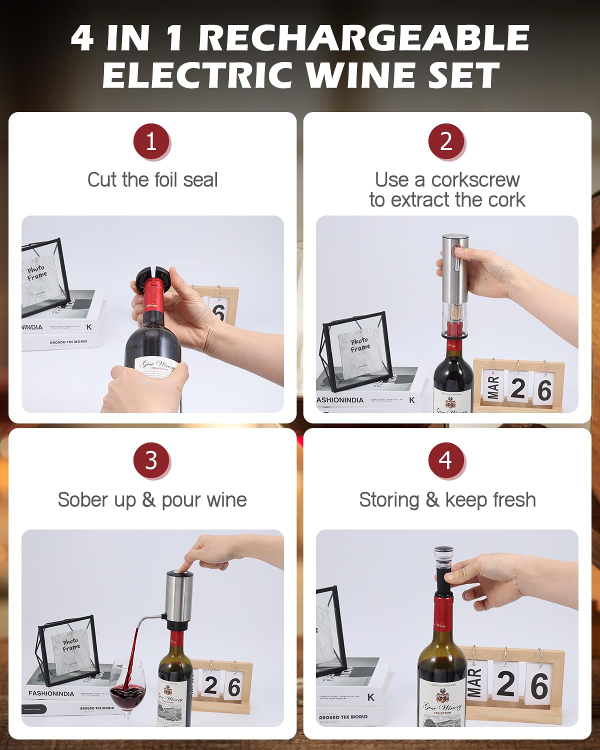 Juego de abridor de vino eléctrico, abridor eléctrico de botellas de vino 4 en 1, abridor de sacacorchos recargable con aireador, cortador de lámina, tapón al vacío, regalo ideal para amantes 6