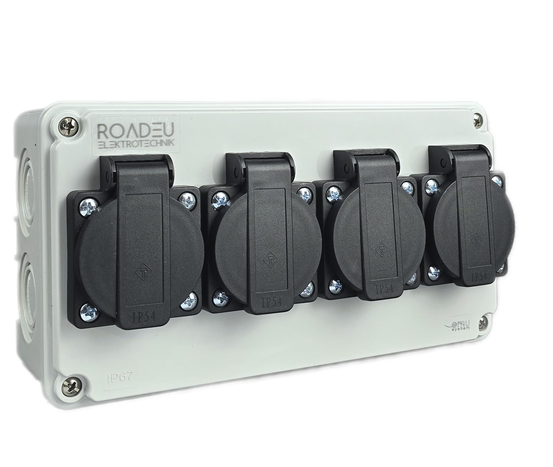 RoadEu - Wall Mounted Power Strip 13Amp 250V - Waterproof Power Distribution Box - IP54 - with 4X UK Standard sockets - Easy mounting Solution, Perfect for workshops, Sheds and Gardens.