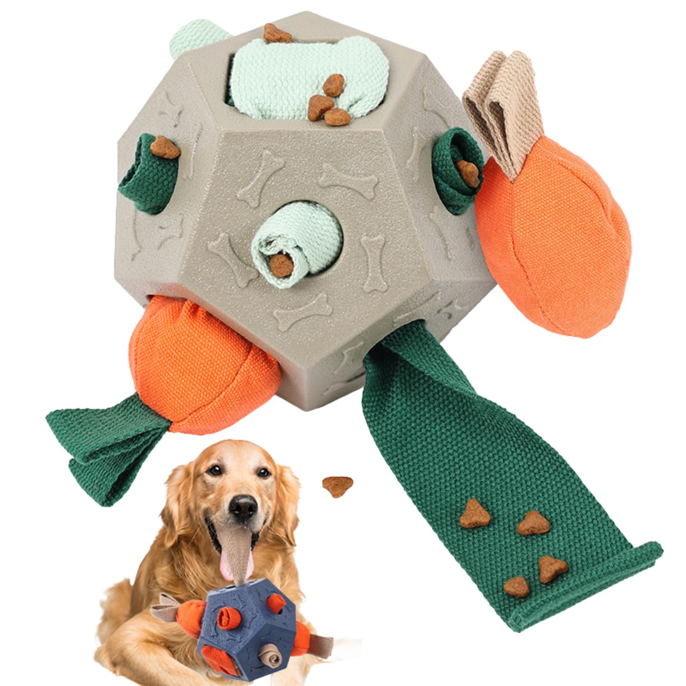 Multiverse Pets Tough Dog Snuffle Ball Puzzle Toy – Heavy Duty TPR Indestructible Foraging Enrichment Toy for Large, Medium & Small Dogs, Durable Interactive Treat Dispenser with Squeaky Carrots-Beige