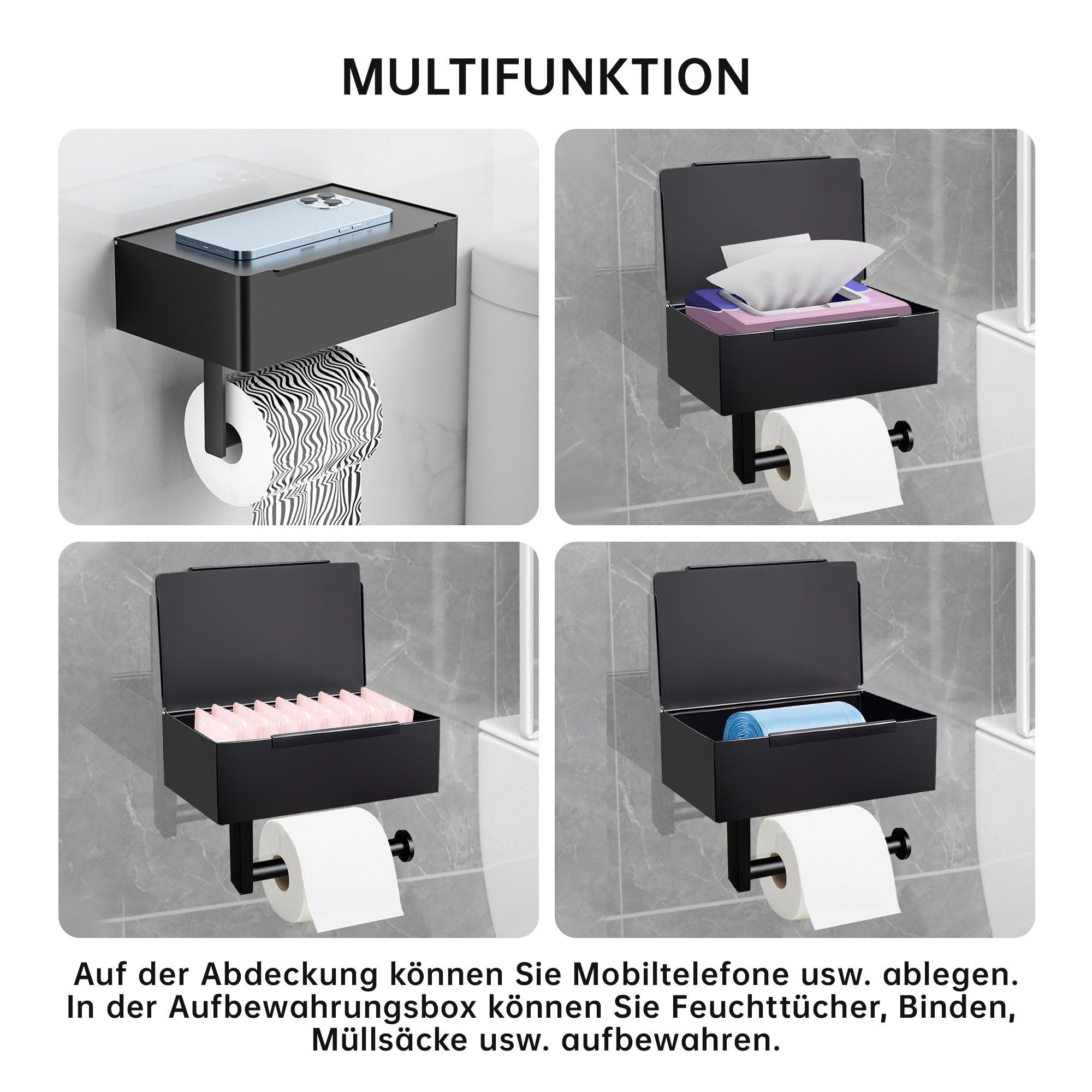 Dolvhin® Toilettenpapierhouder zonder boren | Toiletrolhouder met plankje | Zelfklevende RVS wc-rolhouder | Badkamer houder voor toiletpapier | Wc-papierhouder zonder boorgaten | Mat zwart