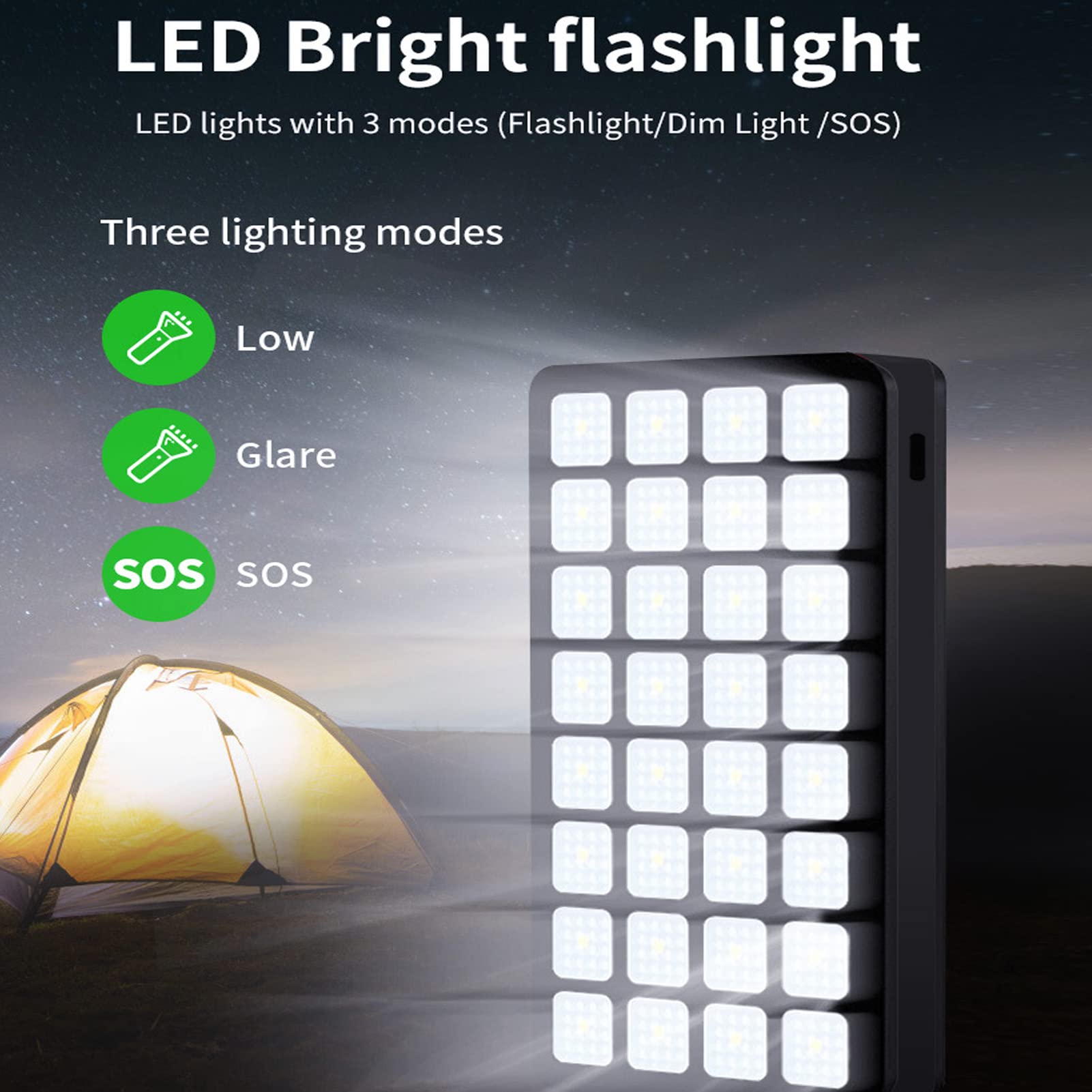 Power Bank Solare da 30000 MAh con 4 Porte USB 32 LED a Ricarica Rapida per Telefono Portatile per Campeggio all'aperto Escursionismo di Emergenza