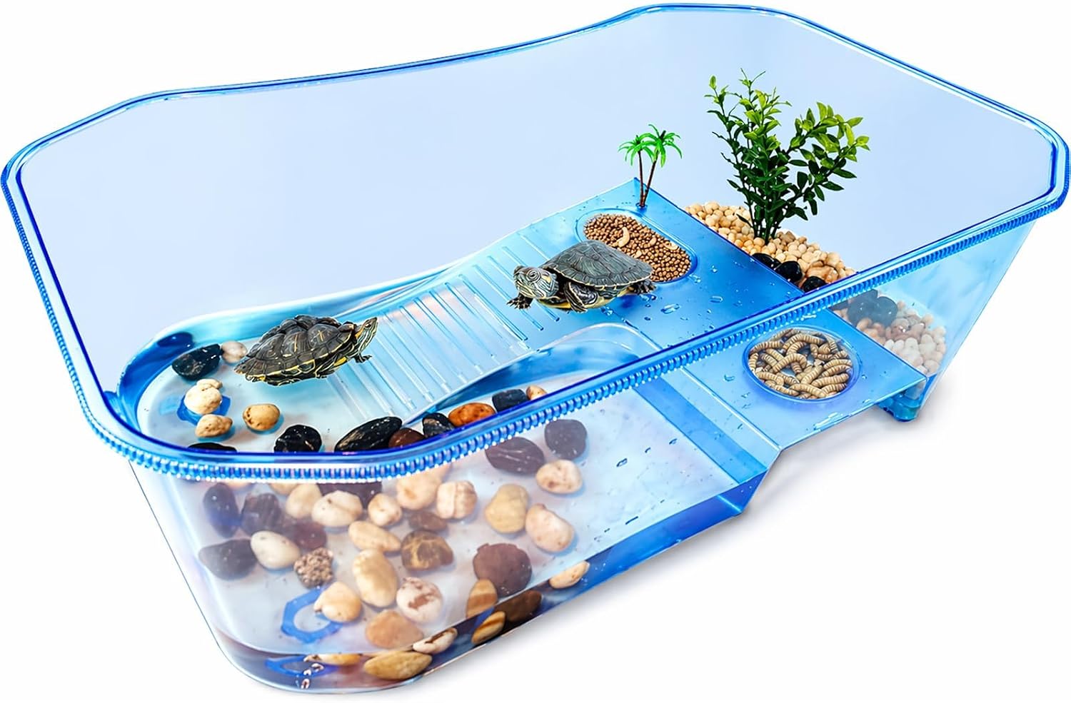 Rypet Small Turtle Tank Aquarium(Excluding Accessories) Blue | Dry & Wet Areas, Platform & Anti-Slip Ramp, 3 Gallon Blue Tank, Crab & Crayfish Habitat, Small Reptiles