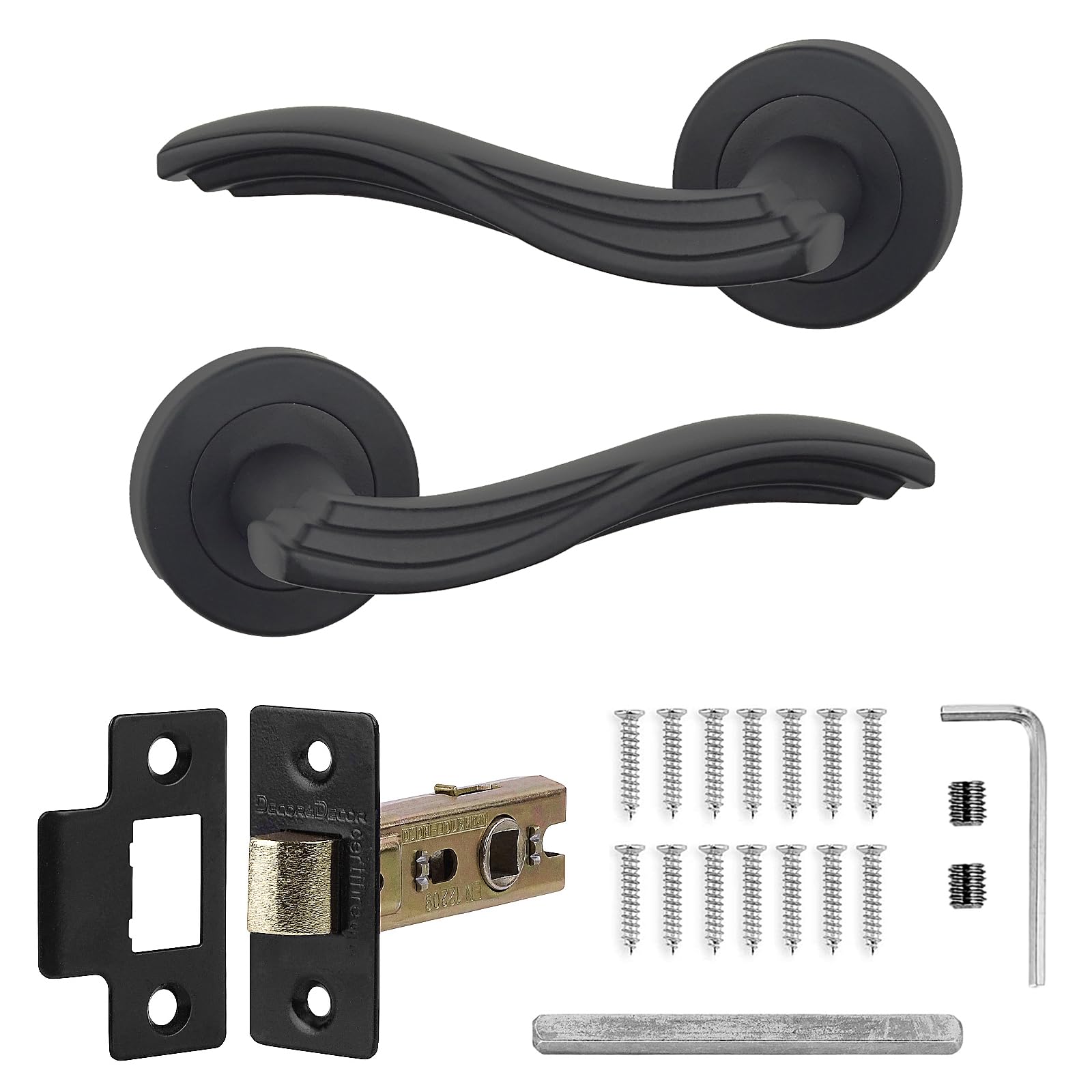 Decoranddecor Black Aluminium Matt Black Door Handles – Lever on Rose Internal Door Handles with Mortice Latch – Solace Range