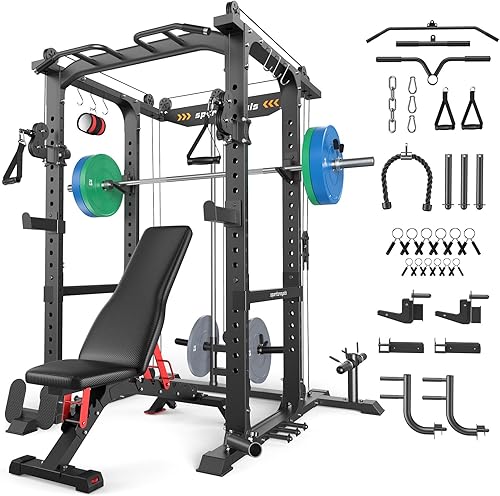 Miniatura 23 de Sportsroyals Jaula de Potencia, Rack de Potencia Multifuncional de 1600 libras con Sistema de Cruce de Cable Ajustable y Más Accesorios