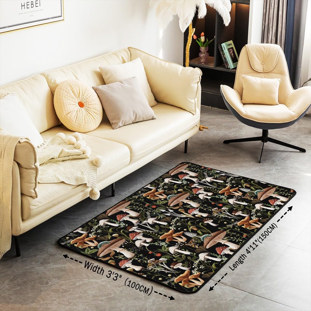 Mushroom Rug 3x5, Rustic Wild Colorful Mushroom Plant Carpet, Farmhouse Style Stawberry Indoor Floor Mat, Botanical Decorative Area Rug Country Nature Accent Rug for Bedside Living Room Playroom
